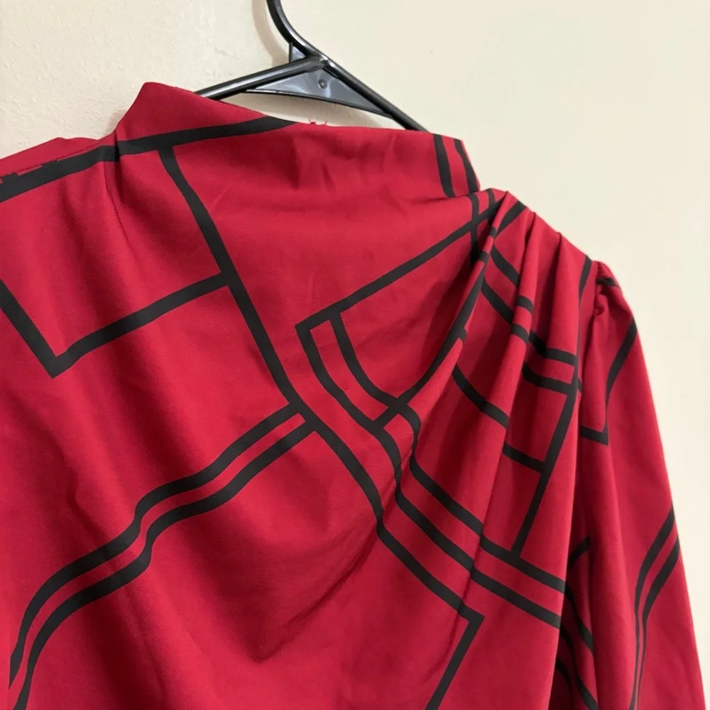 SHEIN Red and Black Geometric Blouse Womens Large Like New - Picture 2 of 7
